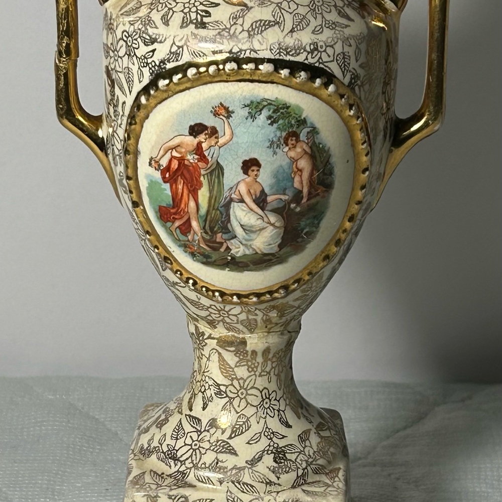 Gold and Cream Ceramic Vase with Classical Art Medallion